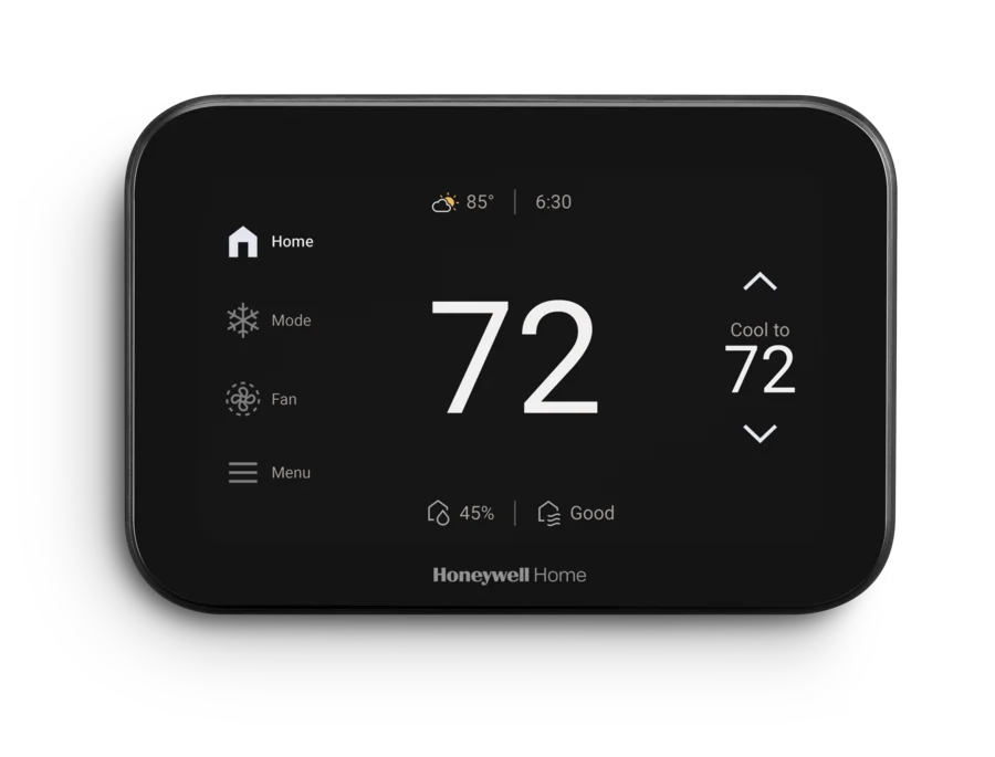 A Honeywell Home smart thermostat with a rectangular touchscreen display.