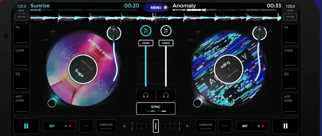 The edjing Mix two-deck screen in landscape, both decks reading 125.0 BPM above their waveforms, with two channel volume faders and headphone cue buttons between the jog wheels, a SYNC button between them and a PITCH button in each top corner