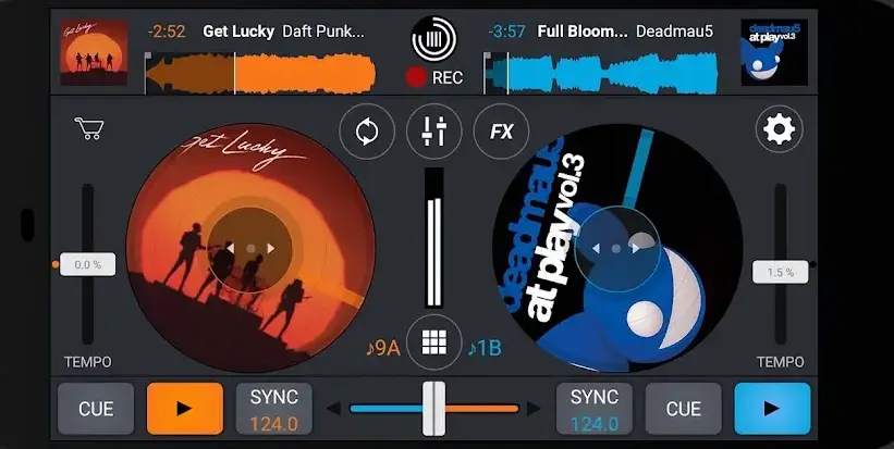 Cross DJ's landscape mixer with two loaded decks side by side, an orange waveform for Get Lucky and a blue one for Full Bloom, twin jog wheels showing album art, TEMPO faders at each edge, CUE and SYNC 124.0 buttons, key readouts 9A and 1B, and the crossfader centred between the decks.