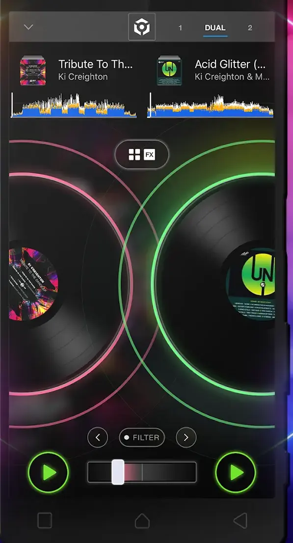 The rekordbox two-deck portrait screen, its blue, orange and white waveform overviews at the top, a FILTER button with an arrow on each side below them, and a crossfader at the bottom with a green play button at each end
