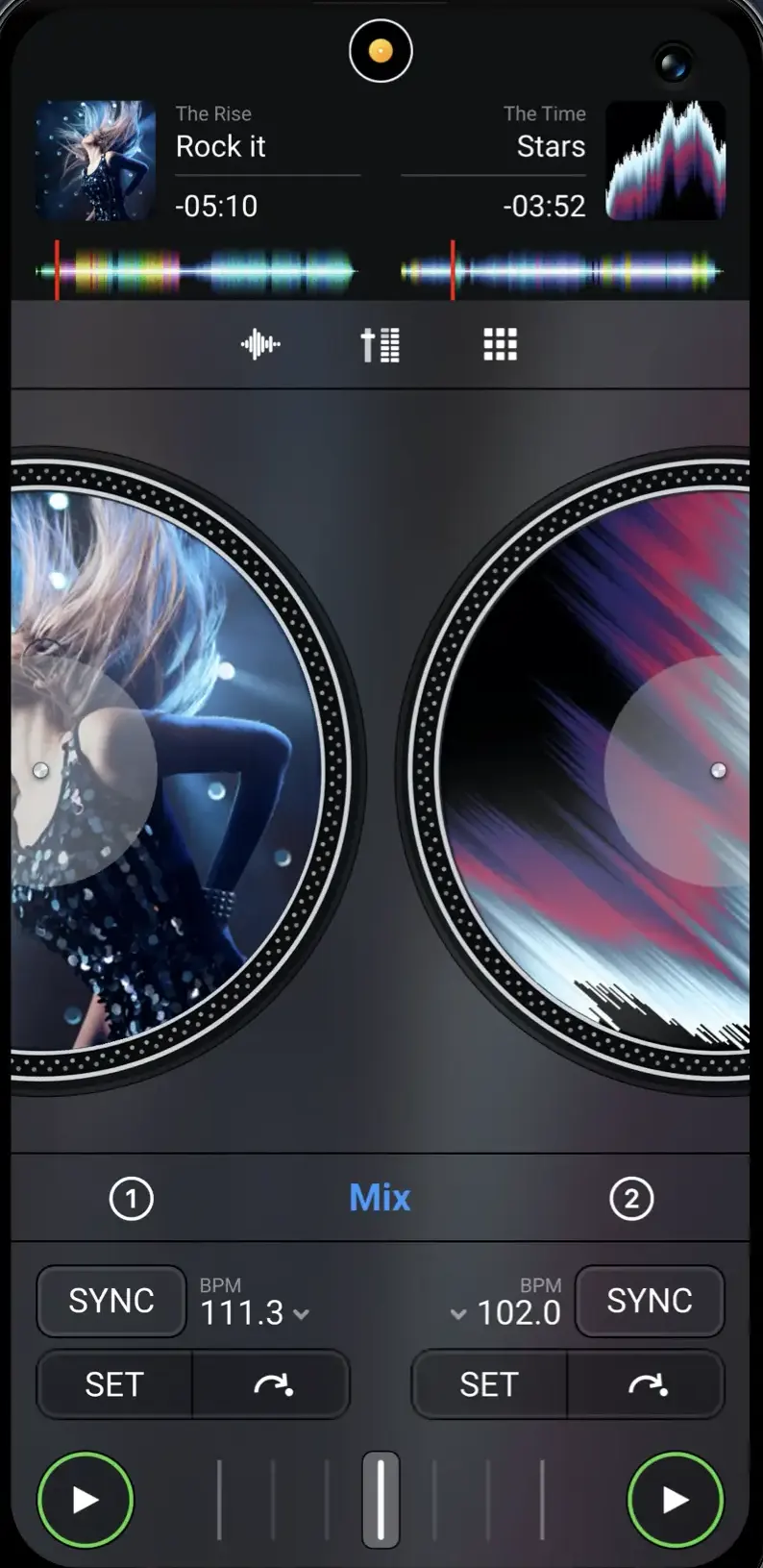 Two djay decks side by side, loaded with the tracks Rock it and Stars, each with its own waveform, jog wheel, SYNC button and BPM readout (111.3 and 102.0), joined by a crossfader between the two play buttons.