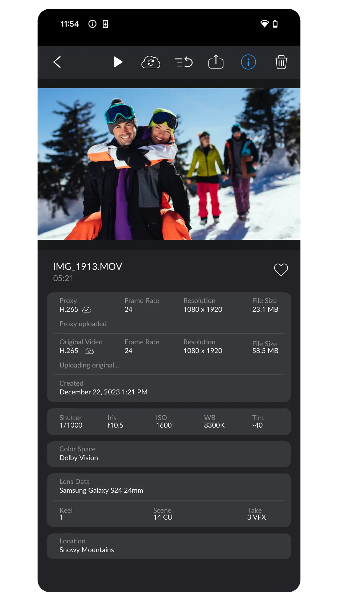 Clip detail view for IMG_1913.MOV showing proxy and original H.265 metadata, resolution, file sizes, shutter, ISO, Dolby Vision color space and lens data