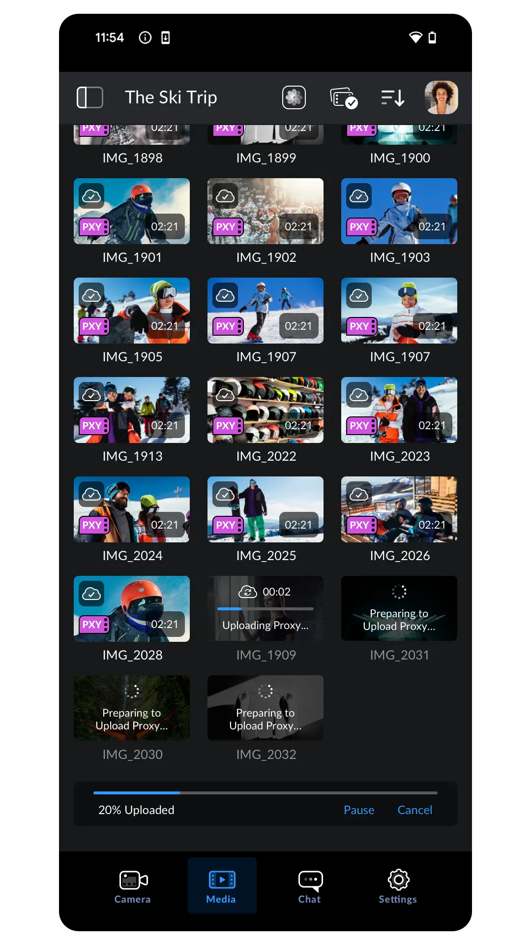 Media library grid for The Ski Trip with clip thumbnails, proxy badges and a 20 percent upload progress bar with Pause and Cancel