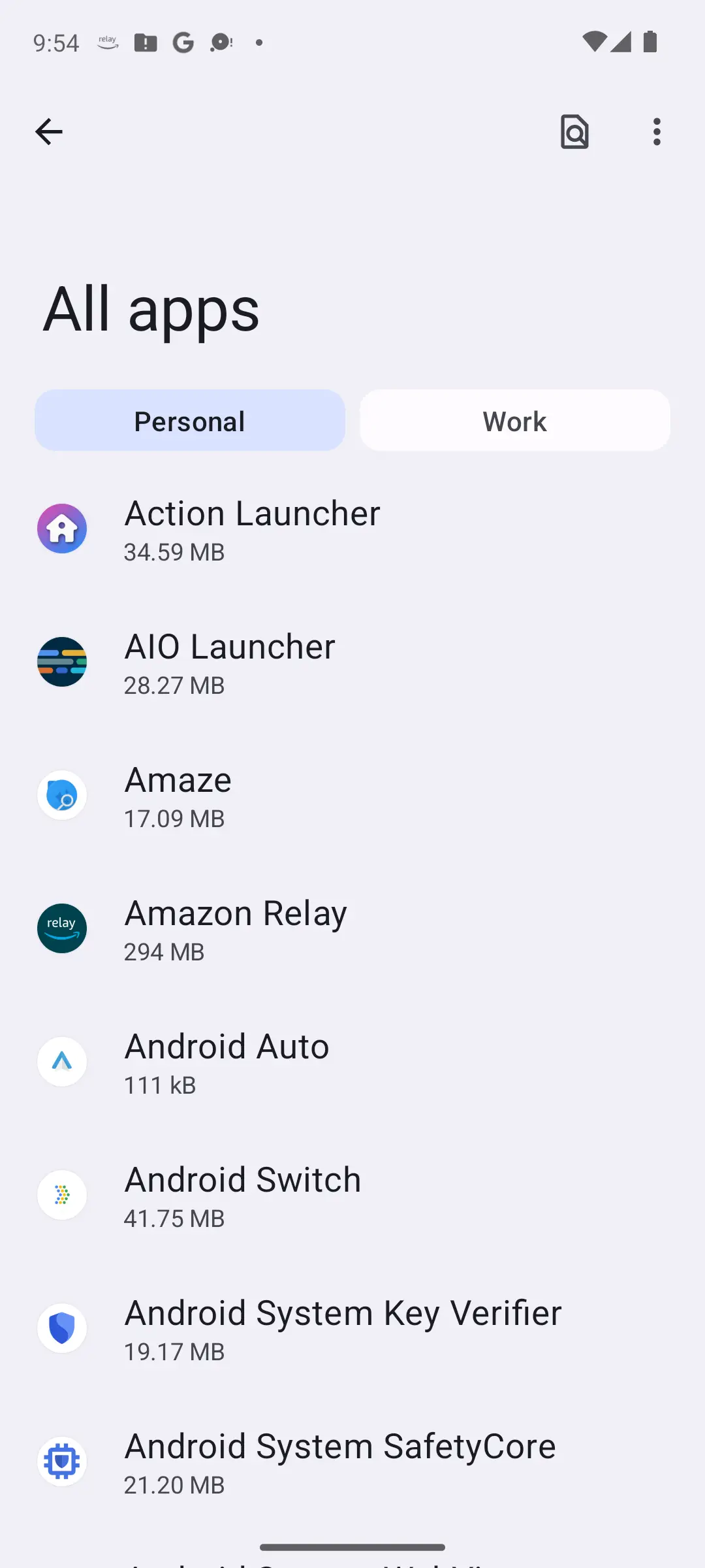 Android All apps list in Settings with Personal and Work tabs and alphabetical entries showing each app's storage size