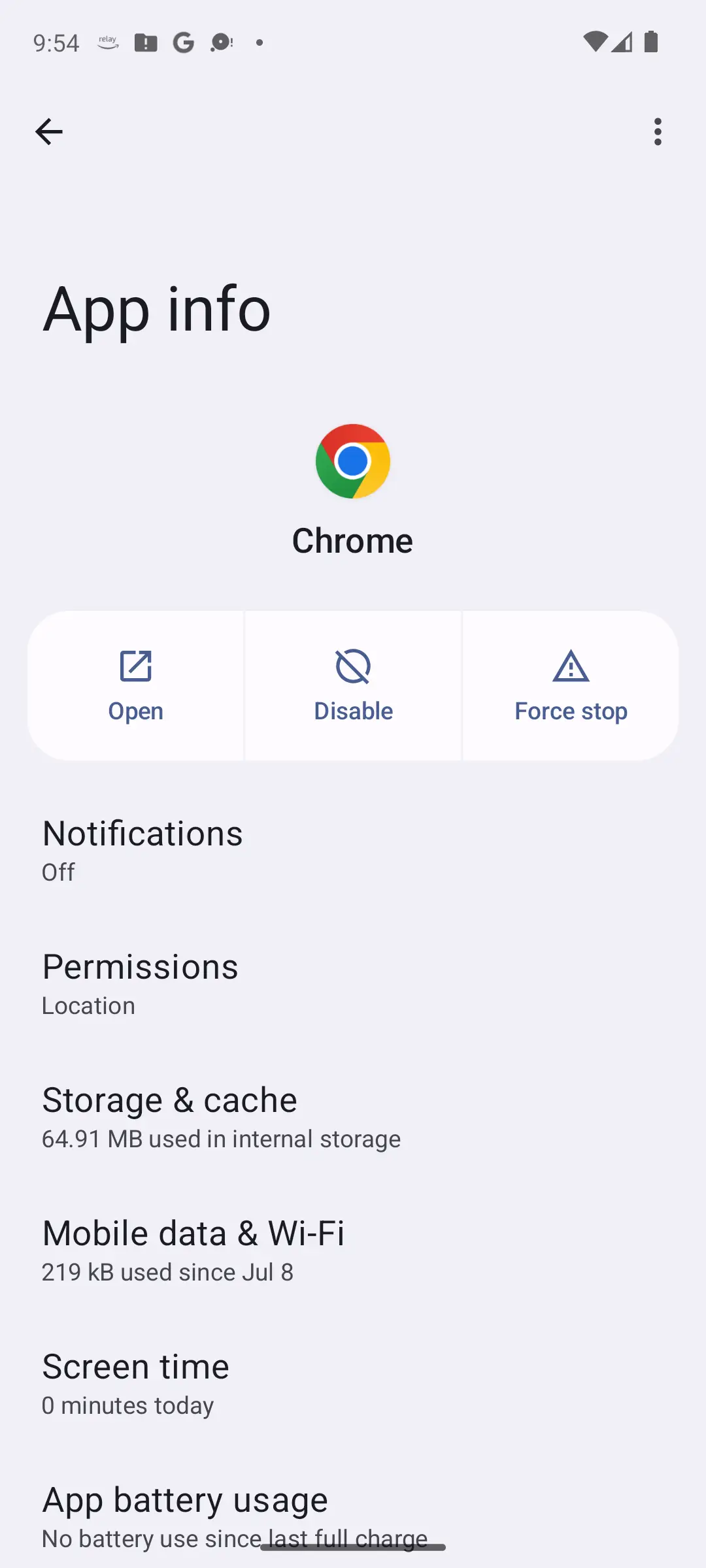 Android App info page showing the Open, Disable and Force stop buttons above Notifications, Permissions and Storage and cache rows