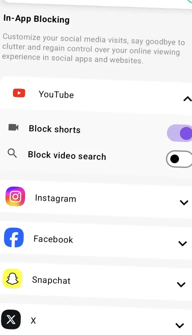 The StayFree in-app blocking list with YouTube expanded to show separate switches for blocking Shorts and blocking video search, and rows for Instagram, Facebook, Snapchat and X below