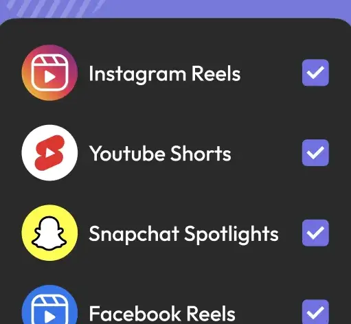 A ScreenZen list with Instagram Reels, YouTube Shorts, Snapchat Spotlights and Facebook Reels each ticked for blocking