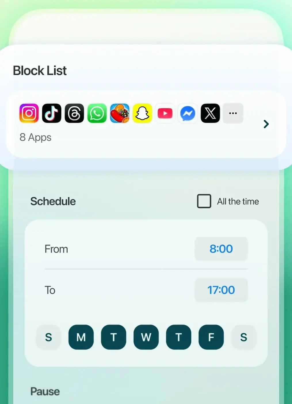 The block list card in Forest showing nine app icons plus a more tile, with the label 8 Apps beneath them, above a schedule set From 8:00 To 17:00 with Monday to Friday selected