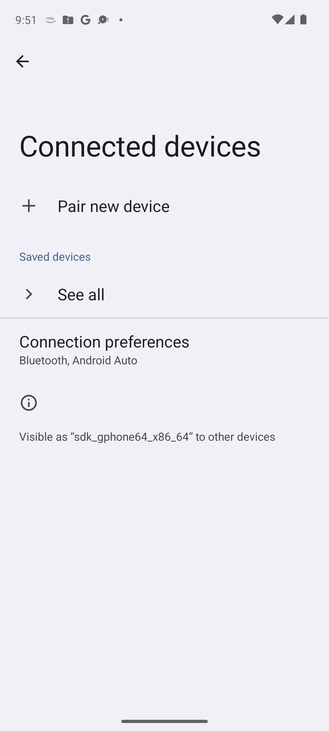 Android Connected devices settings with Pair new device, Saved devices See all, and Connection preferences for Bluetooth and Android Auto