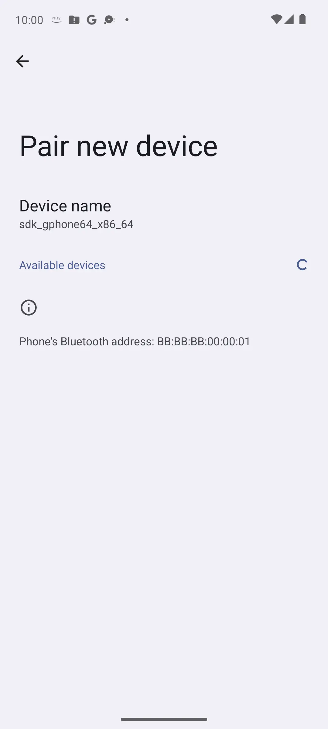 Pair new device screen scanning with an empty Available devices list, showing the phone name and its Bluetooth address
