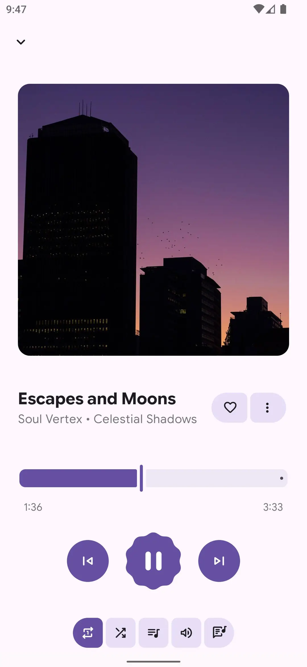 Booming Music now playing screen showing a different album with the queue button