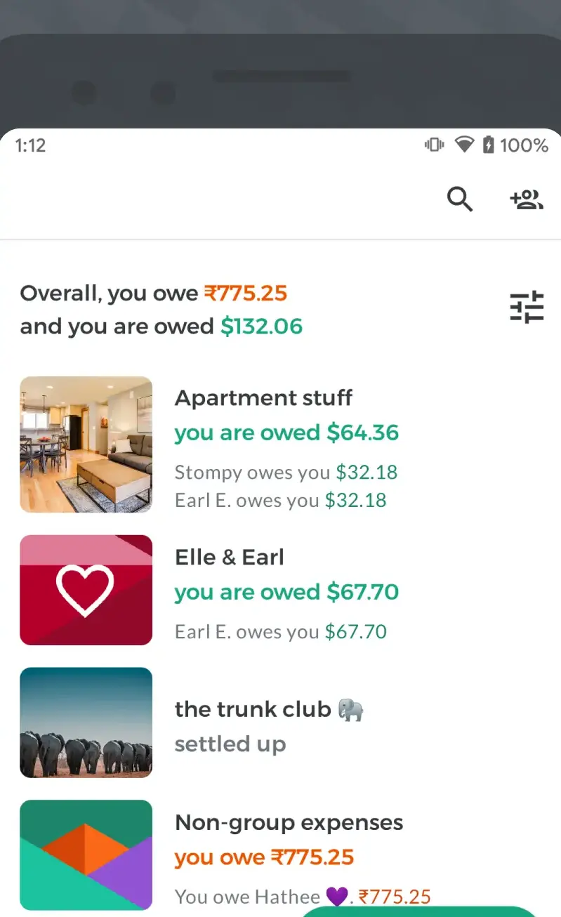 A Splitwise balances screen showing the overall amount you owe and the amount owed to you, then each group with its balance, some naming who owes whom and one marked settled up