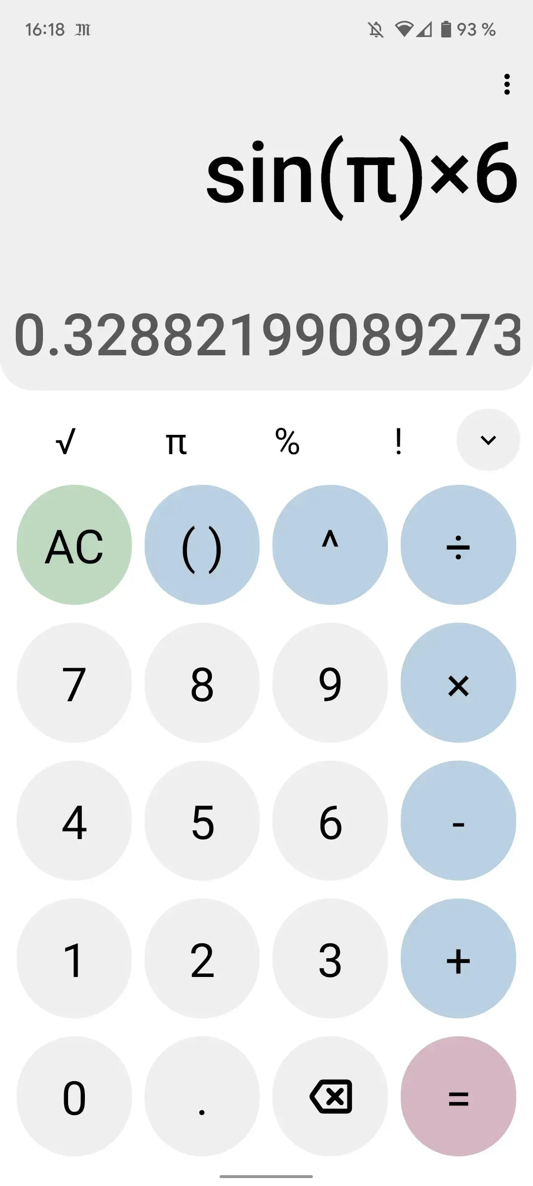 OpenCalc showing sin(pi) times 6 with the result 0.32882199089273 above a light keypad with square root, pi, percent and factorial keys