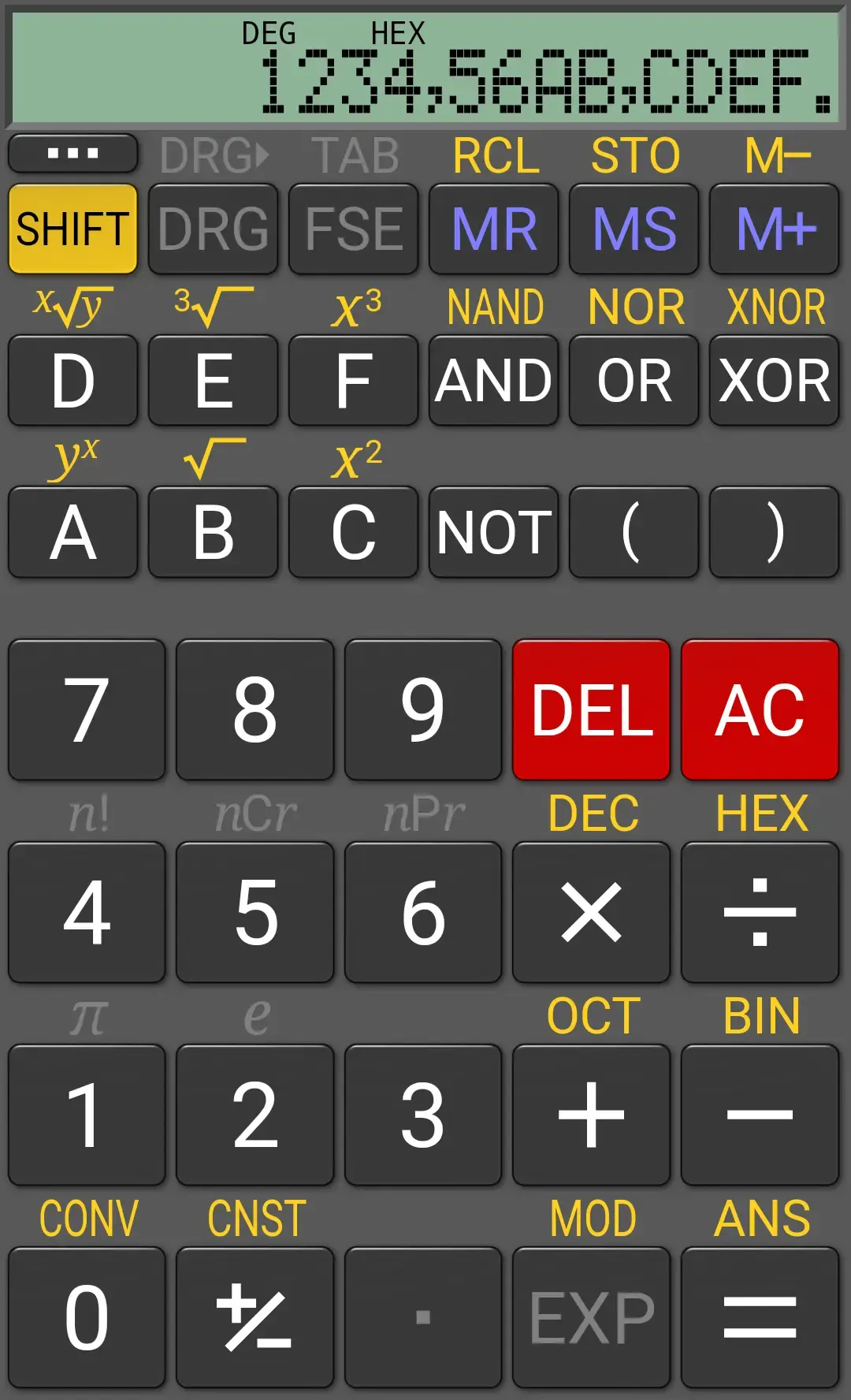 RealCalc in hexadecimal mode, its display reading 1234,56AB,CDEF followed by a decimal point, with A to F keys and AND, OR, NOT, NAND, NOR and XOR operators
