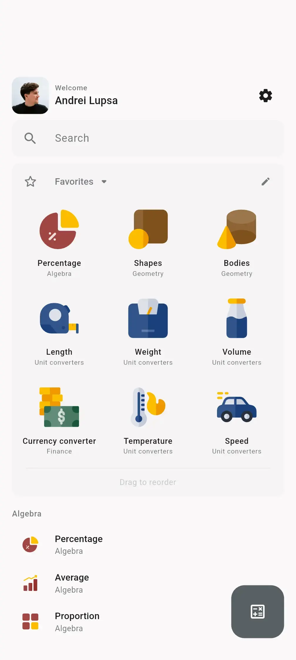 The All-In-One Calculator home screen with a grid of tools: percentage, shapes, bodies, length, weight, volume, currency converter, temperature and speed