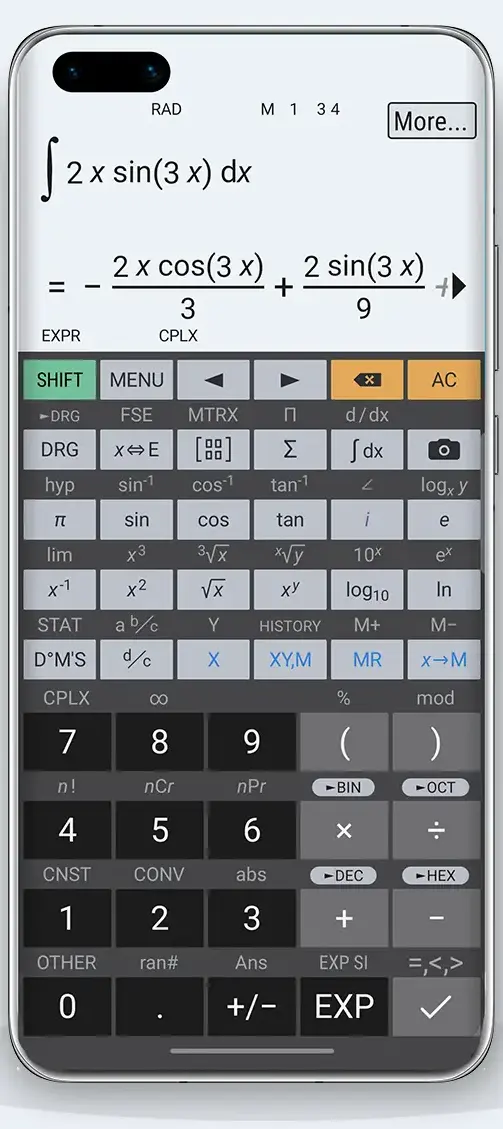 HiPER Scientific Calculator showing the integral of 2x sin(3x) solved symbolically above a dense scientific keypad