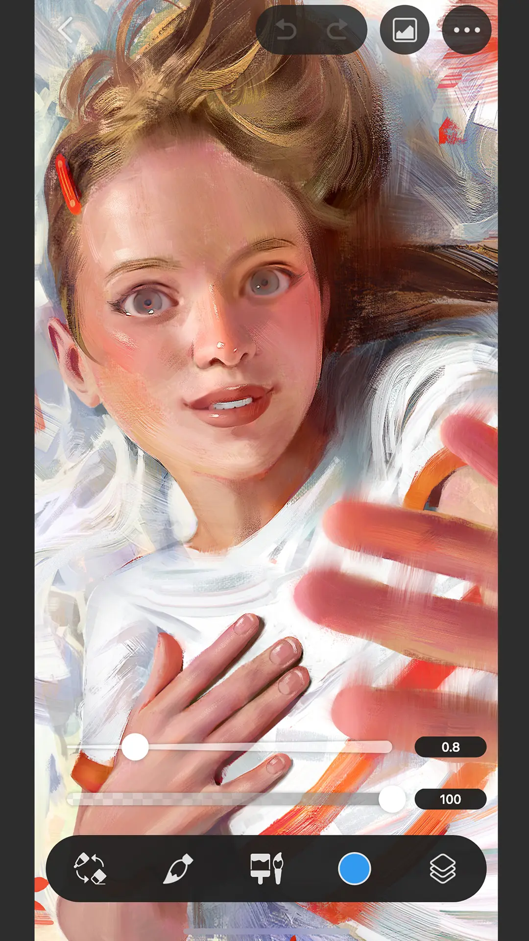 Painting canvas showing a digital portrait with brush size and opacity sliders set to 0.8 and 100 above the bottom tool bar
