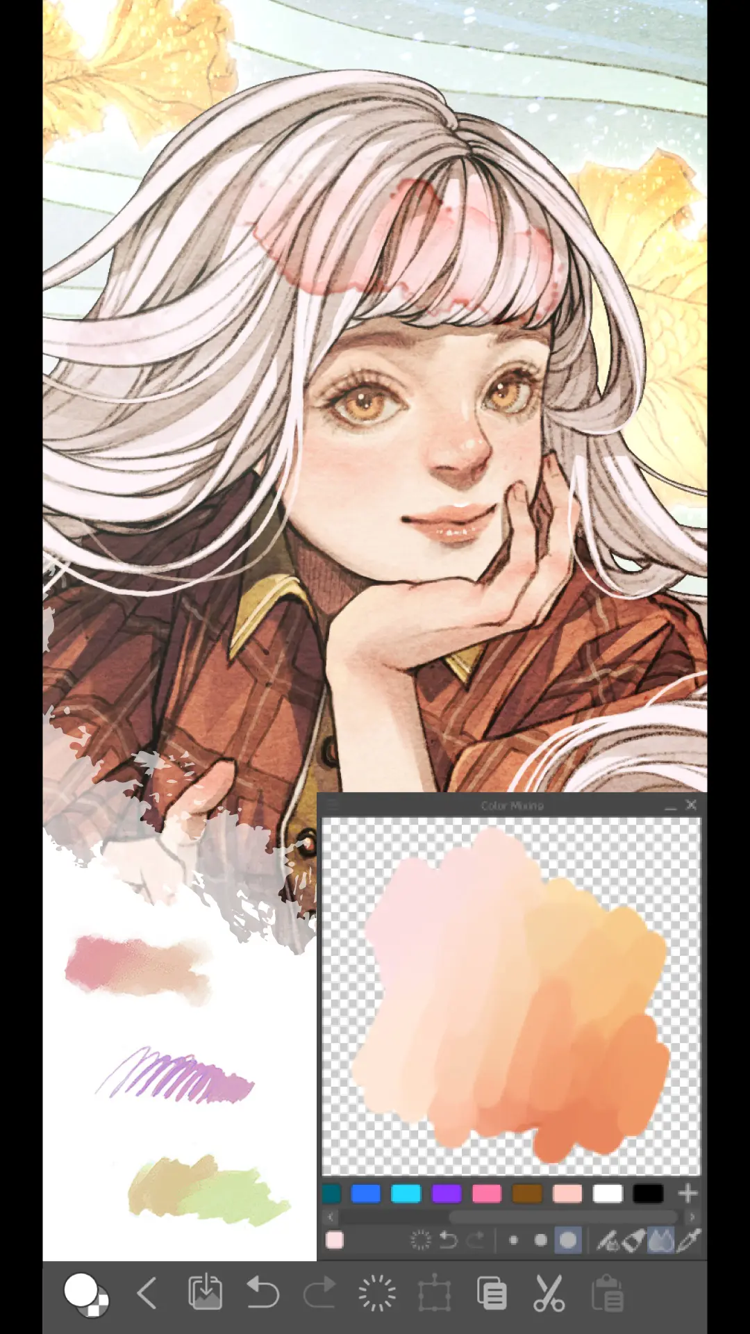 Anime illustration on canvas with the Color Mixer window open, showing blended peach tones and a swatch row