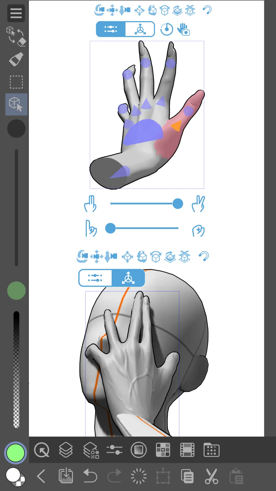 3D hand model posing tool with finger bend sliders and a second view of the hand placed against a head model