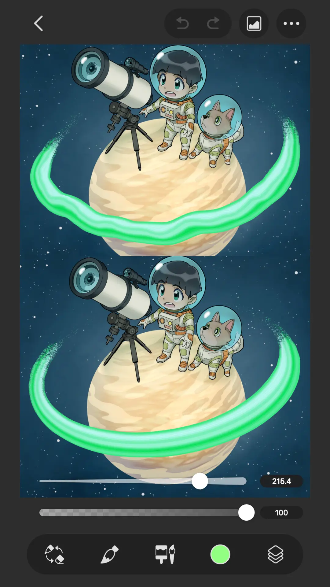 Canvas comparing two versions of a cartoon astronaut illustration with brush sliders reading 215.4 and 100 below