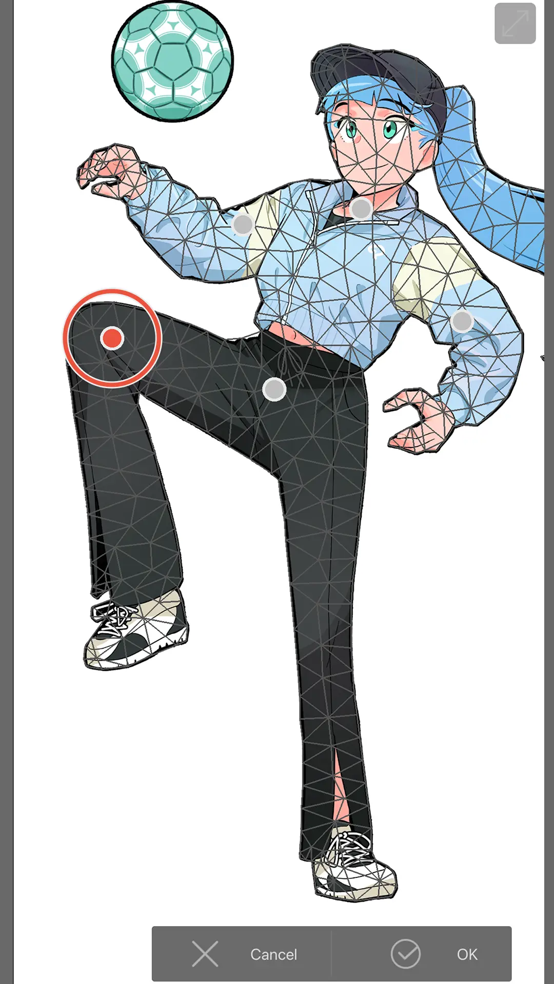 Mesh transformation applied to a character drawing, with a triangle grid, control points and Cancel or OK buttons