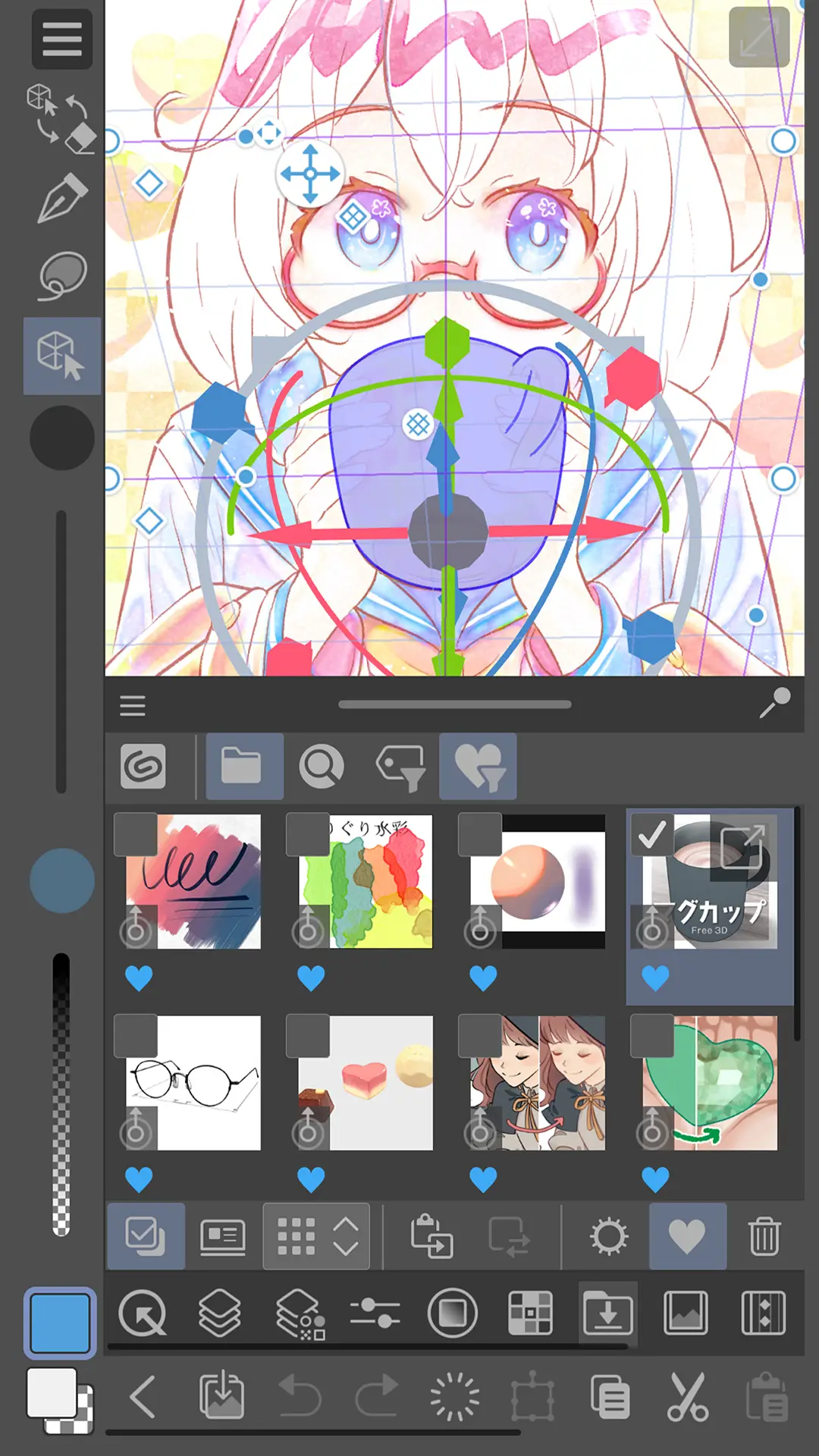 Material library panel of brush and texture thumbnails open below a canvas with a rotation and move gizmo active