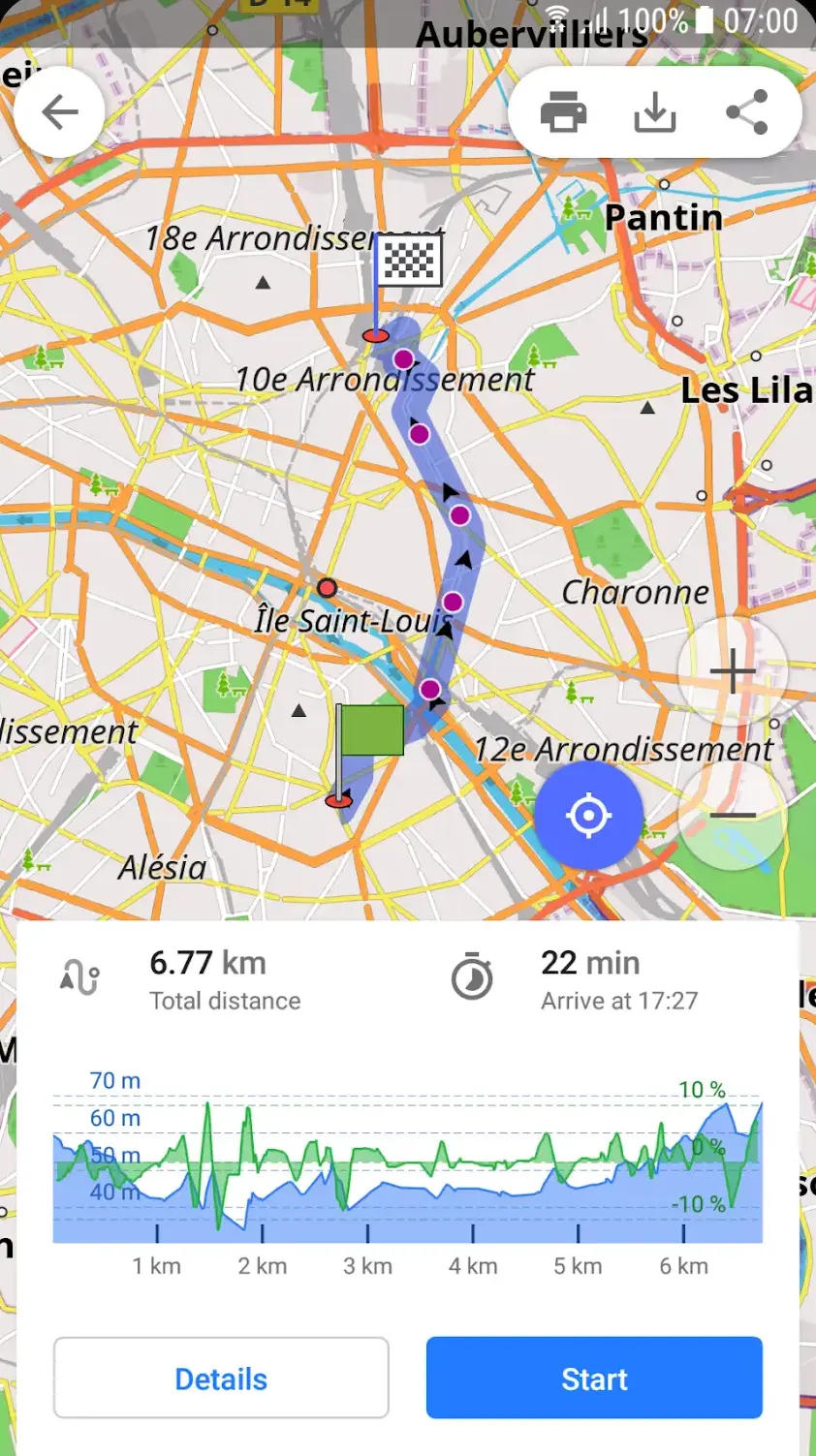 OsmAnd route-planning screen over a Paris street map, showing a highlighted route with waypoint markers, a green start flag and a chequered finish flag, a summary reading 6.77 km total distance and 22 min arriving at 17:27, a chart with a blue elevation profile scaled 40 to 70 m and a green gradient line scaled -10 to 10 %, with distance labels from 1 to 6 km, and Details and Start buttons at the bottom.