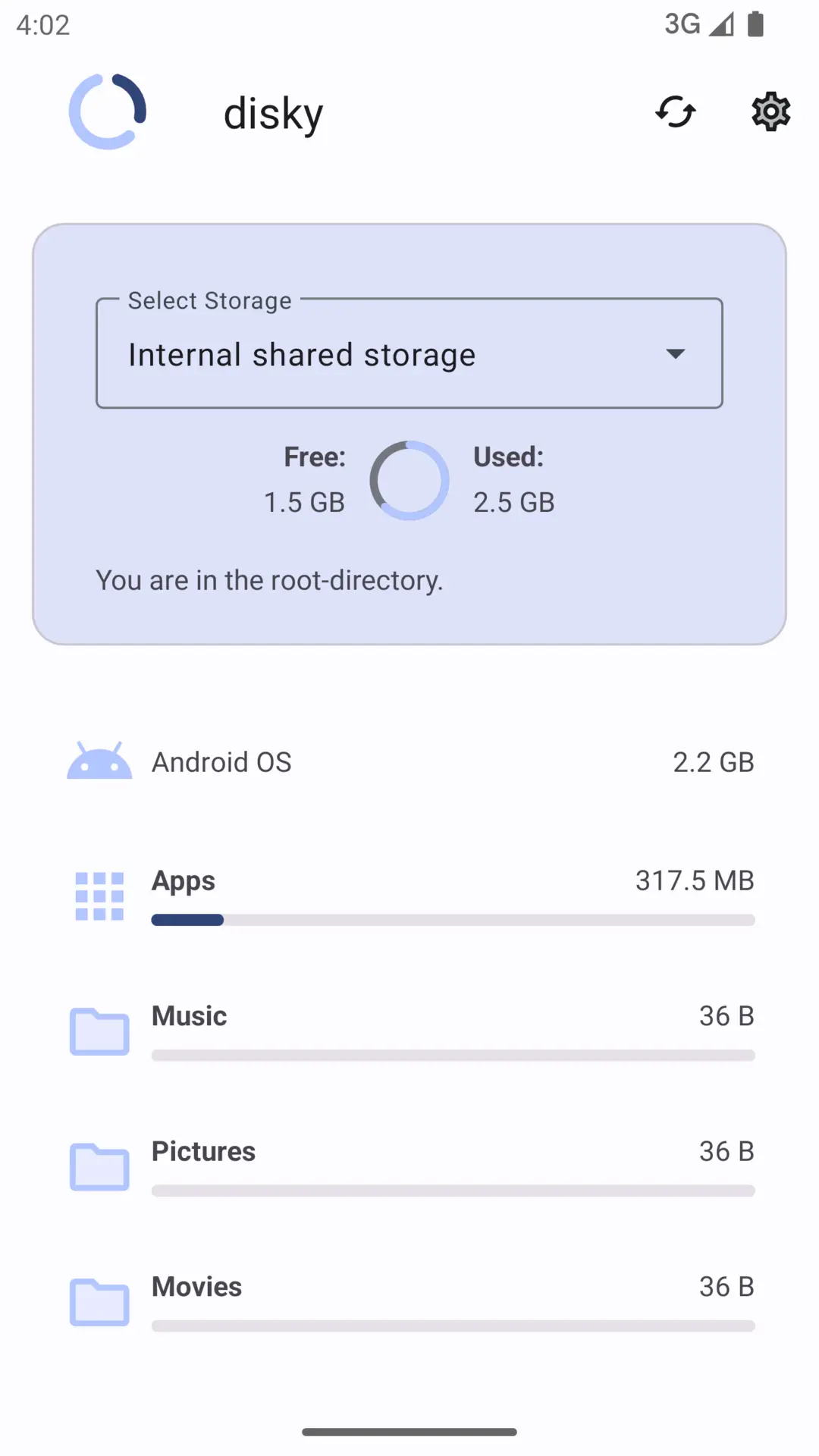 disky storage picker showing free and used space on internal shared storage, with the root folders listed below