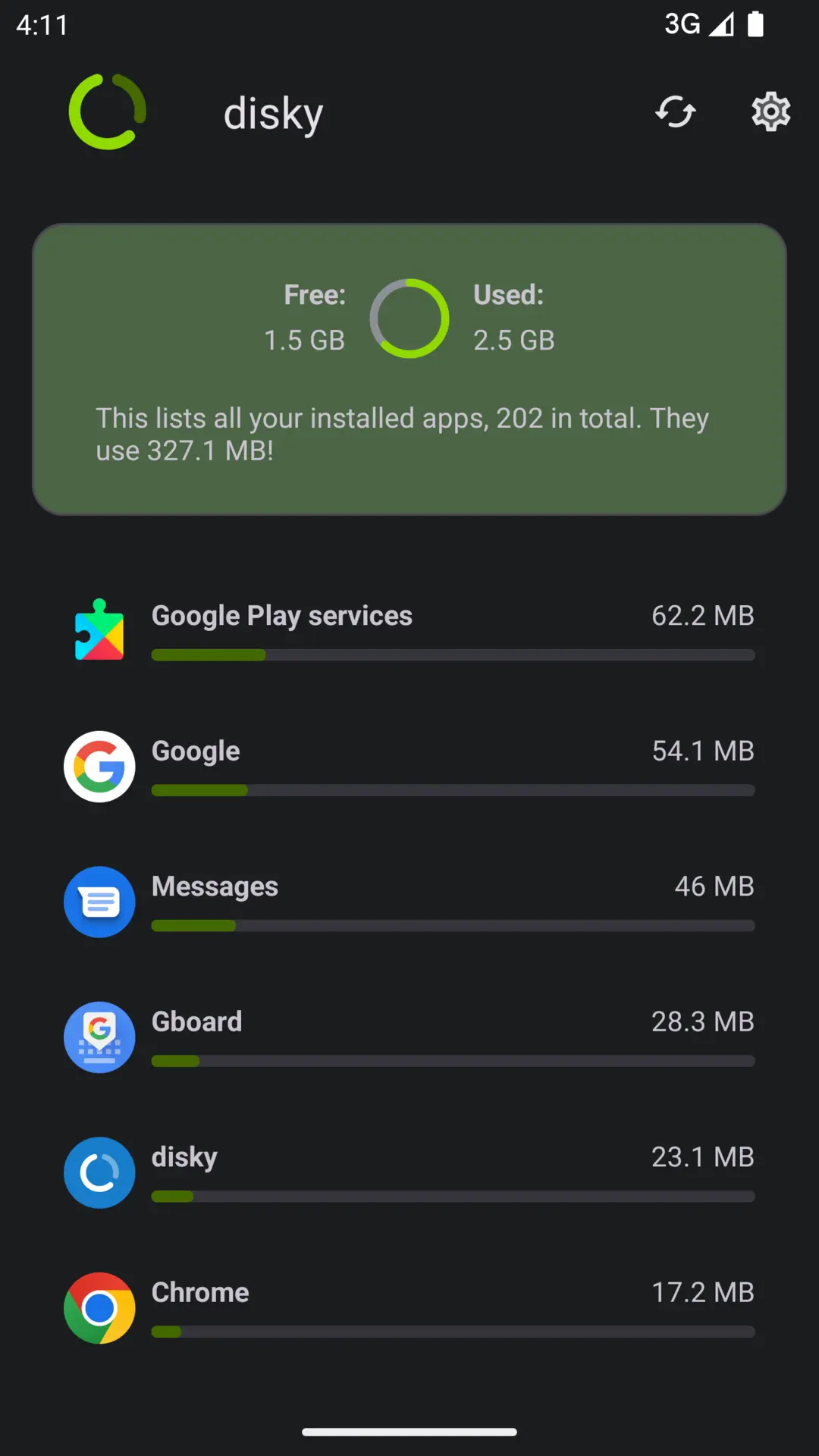 disky ring chart breaking down which installed apps use the most space