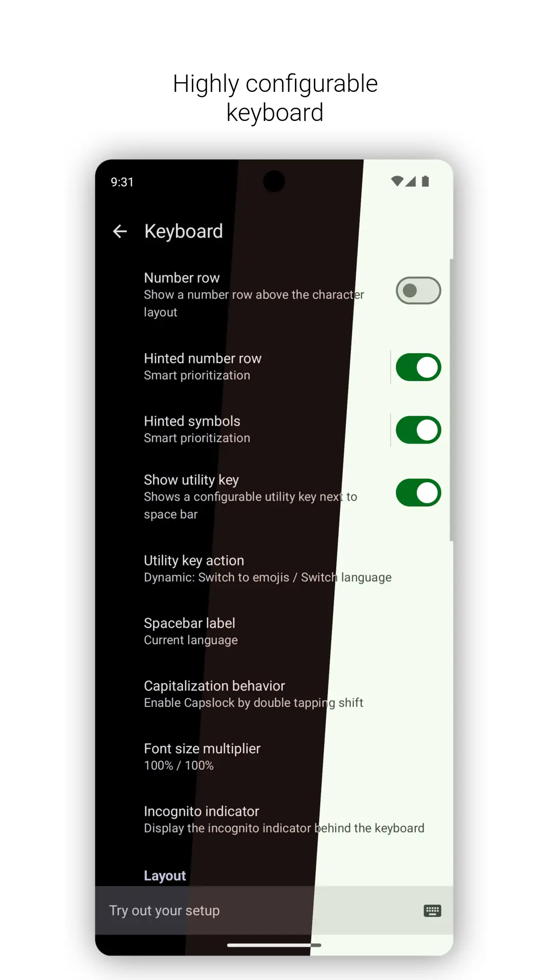 FlorisBoard settings list showing the many layout and behaviour toggles