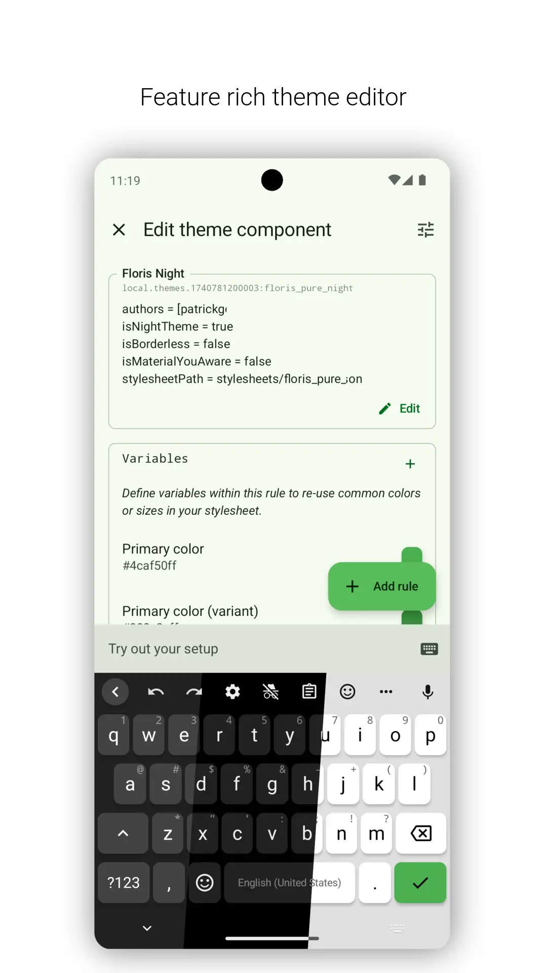 FlorisBoard theme editor with individual interface components listed for editing