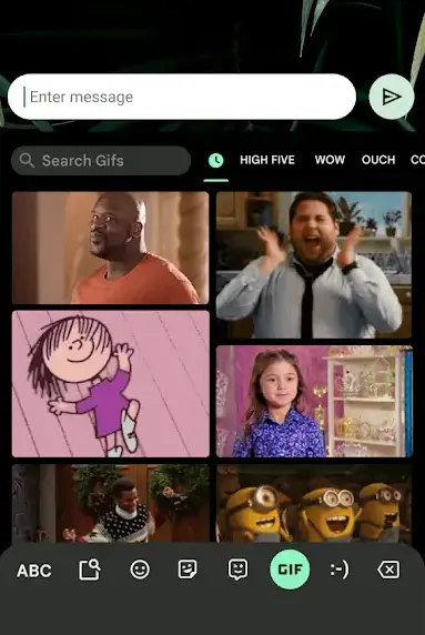 The GIF section of the Gboard keyboard, showing a scrollable grid of reaction animations above the keyboard row