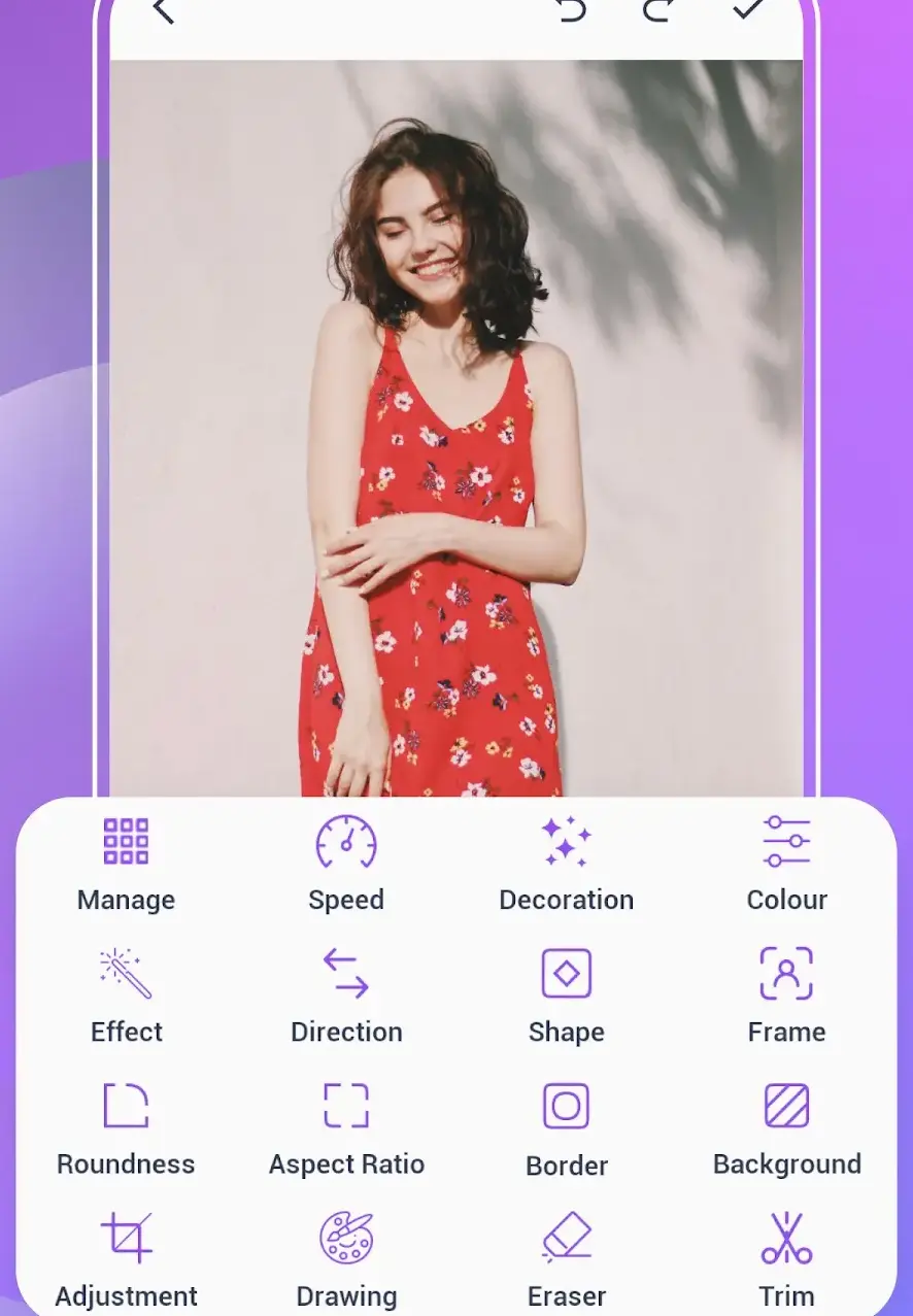 The GIF Maker editor with a frame on the canvas and a palette of tools below it: manage, speed, decoration, colour, effect, direction, shape, frame, roundness, aspect ratio, border, background, adjustment, drawing, eraser and trim