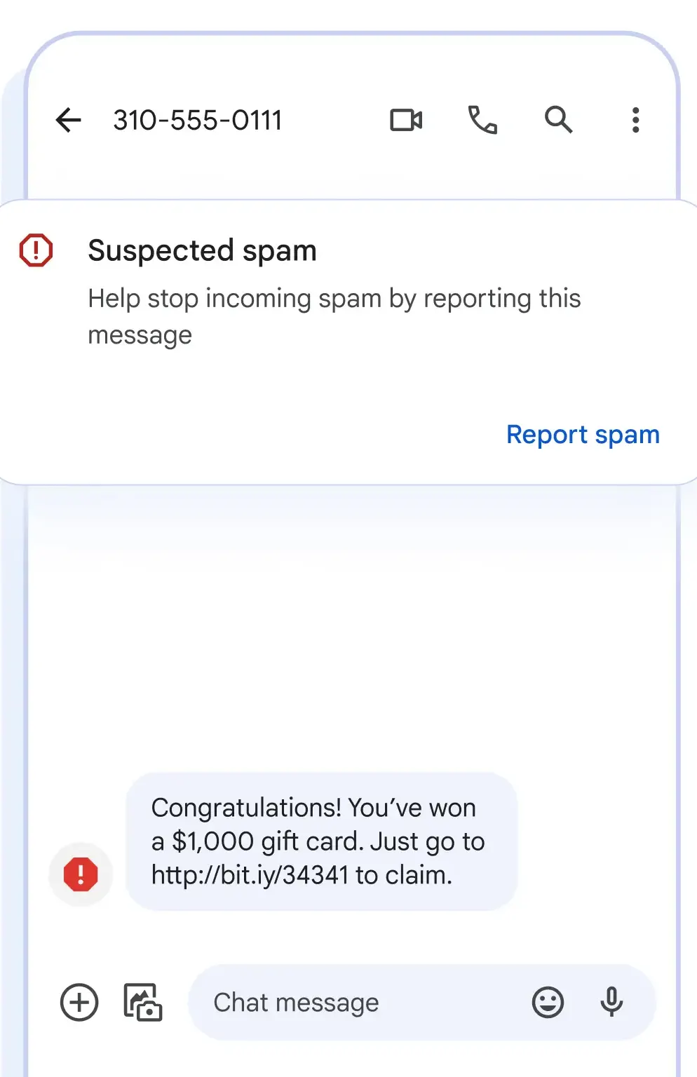 Google Messages thread from 310-555-0111 with a red Suspected spam banner and Report spam link above a fake gift-card prize text.