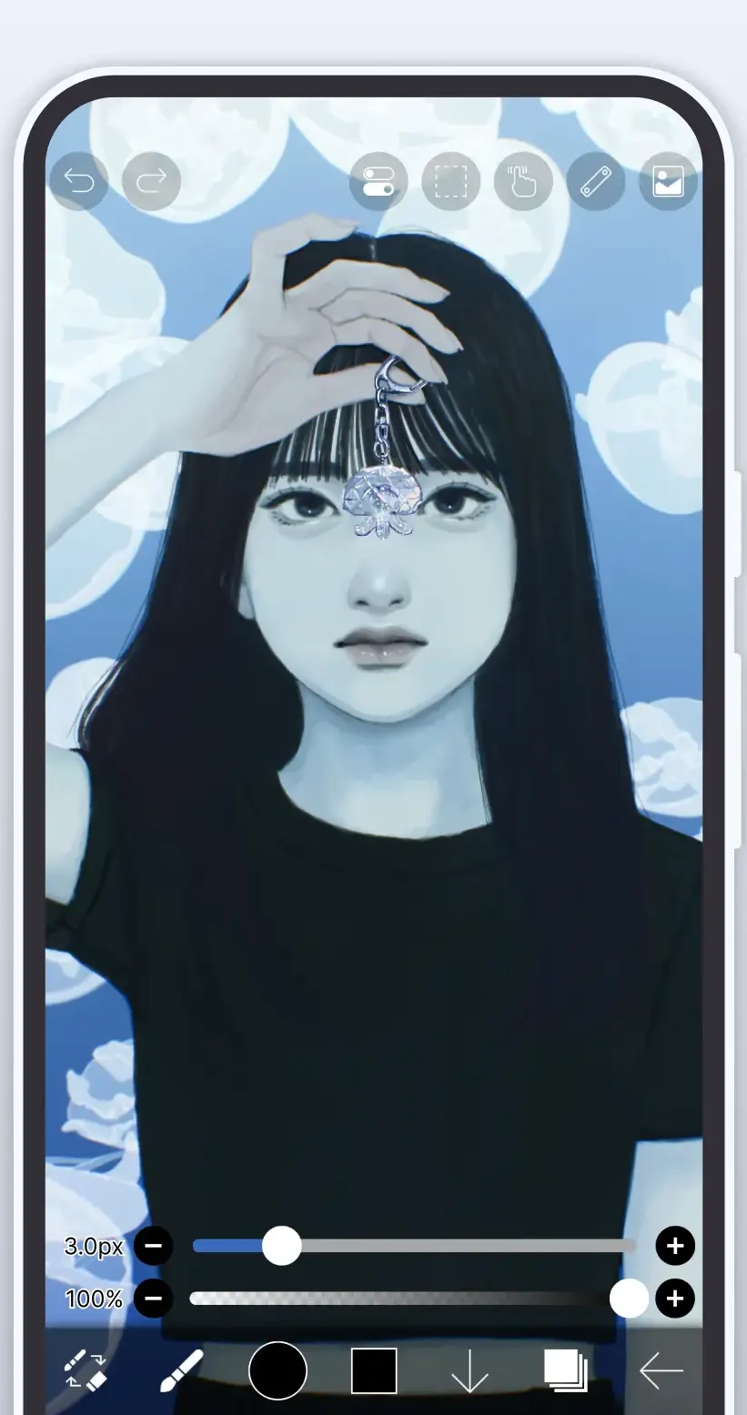ibisPaint canvas with a blue and grey portrait drawing, undo and layer icons along the top, brush size and opacity sliders at the bottom