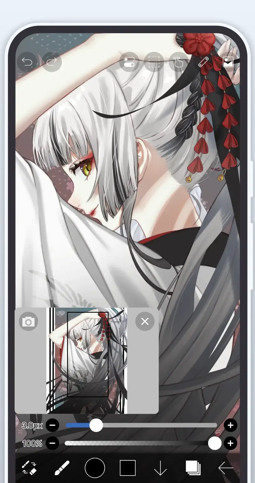 Drawing app canvas with an anime character illustration and an in-app reference image window with a close button; toolbar above, sliders below