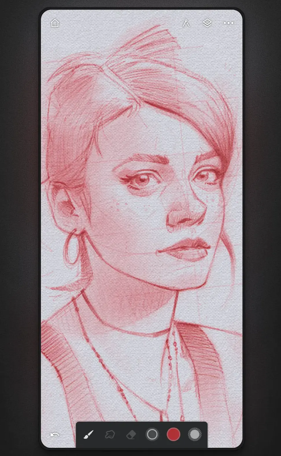 Phone drawing app showing a red pencil portrait sketch of a woman on canvas texture, with a small toolbar and colour dots at the bottom.