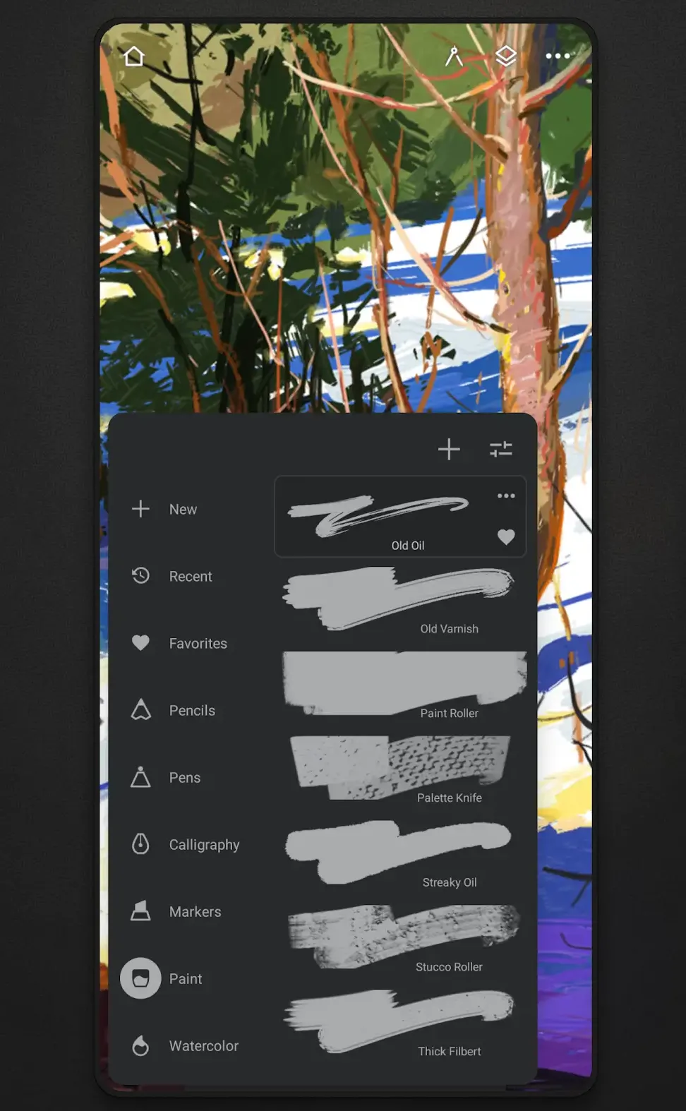 Drawing app with a brush menu open over a painted forest scene, listing brush categories and named strokes such as Old Oil and Palette Knife.