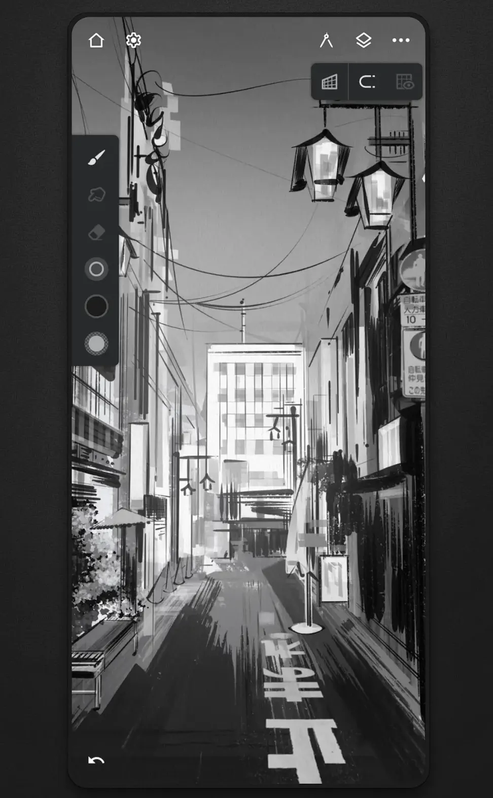 Phone showing a black and white painted street scene with hanging lanterns, a vertical tool column on the left and small icons top right.