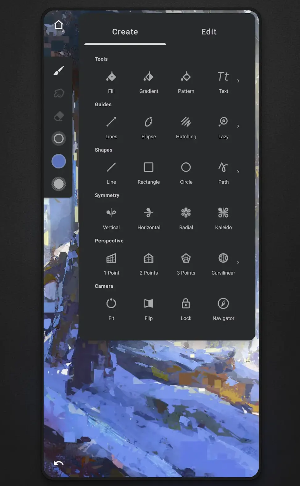 Drawing app tools panel over a blue painted landscape, with Create and Edit tabs and rows for tools, guides, shapes, symmetry and perspective.