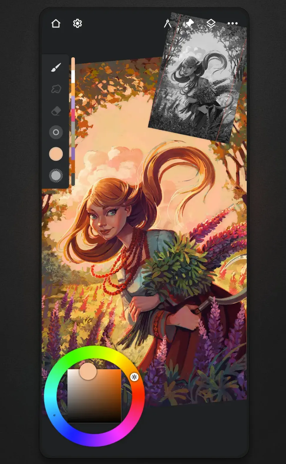 App screen with a colour wheel picker at bottom left and a small reference photo pinned top right, over a painting of a girl holding flowers.