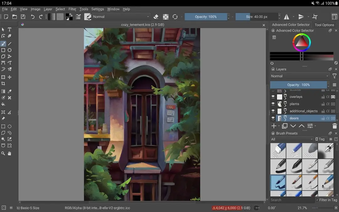Krita canvas showing a painted house entrance with ivy, layers docker and brush preset panel on the right