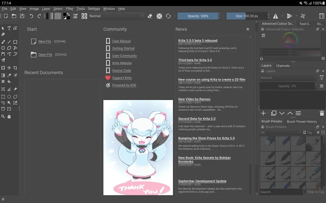 Krita welcome screen with Start, Community and News columns plus a recent document thumbnail of a character drawing