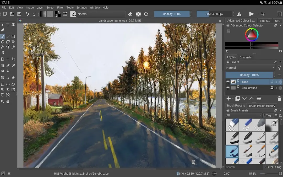 Krita workspace with a painted autumn road landscape on canvas and the layers and brush preset dockers open