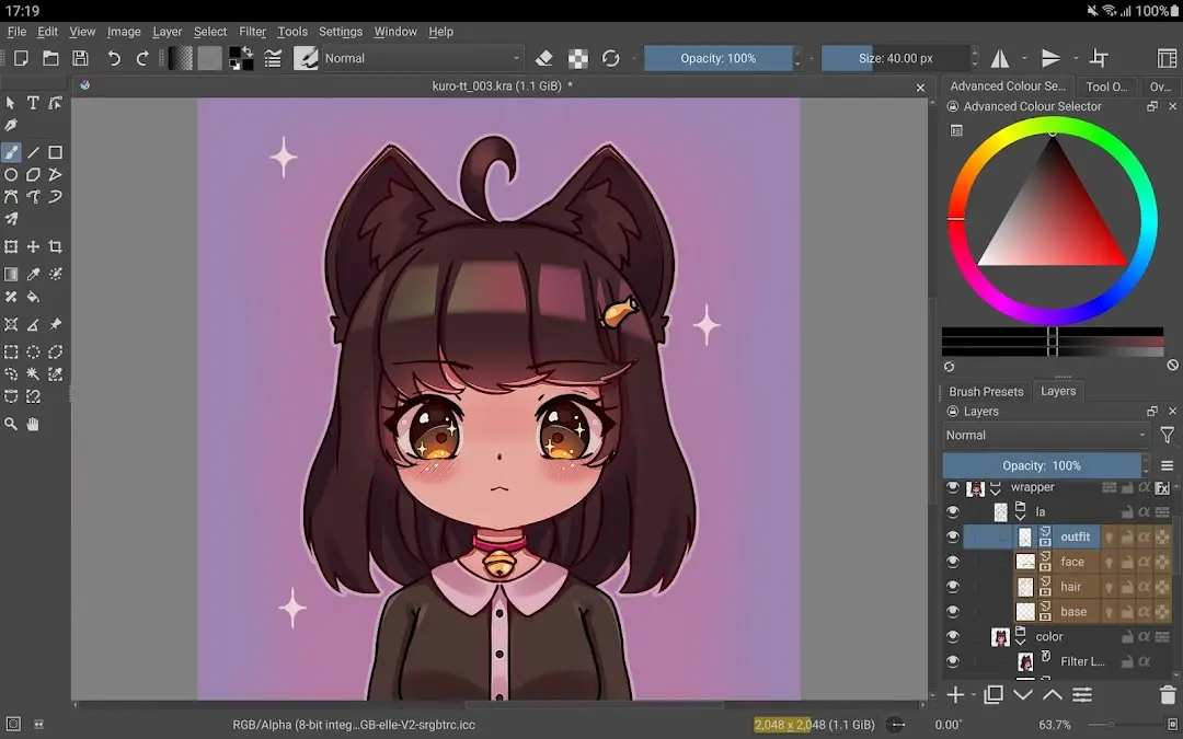 Krita editing an anime character illustration with the triangular colour selector and a multi layer stack on the right