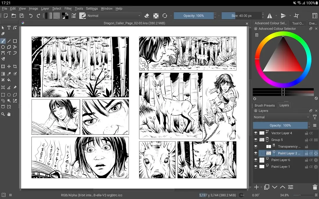 Krita showing a black and white comic page with multiple panels open on canvas and vector and paint layers listed