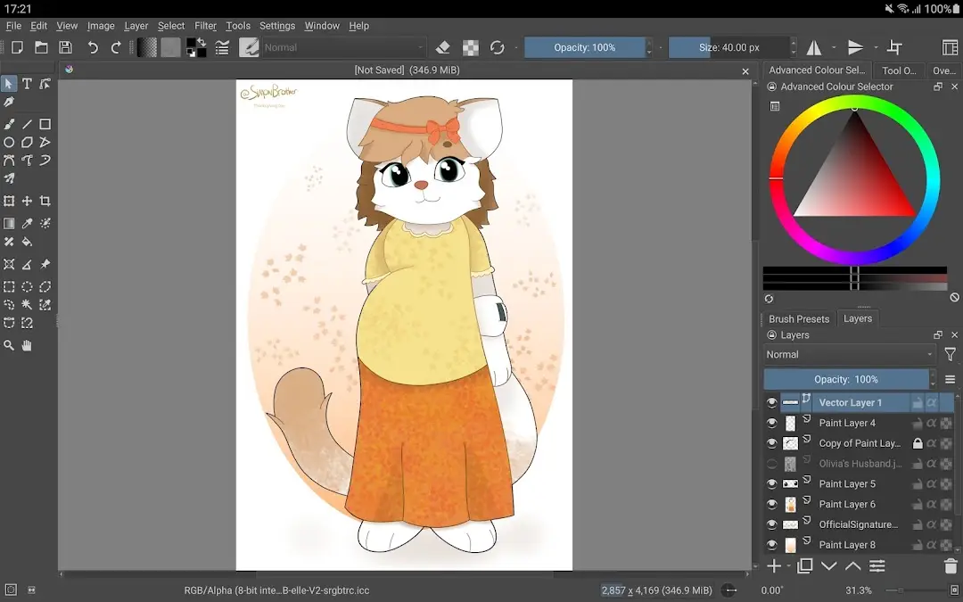 Krita canvas with a cartoon cat character in a yellow and orange outfit and a long layer list in the docker