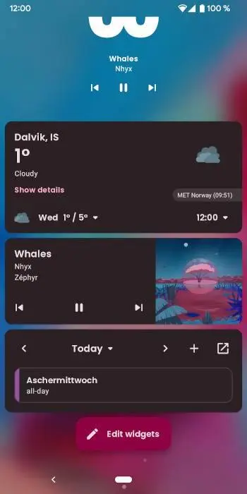 Kvaesitso widget screen with weather and media controls stacked