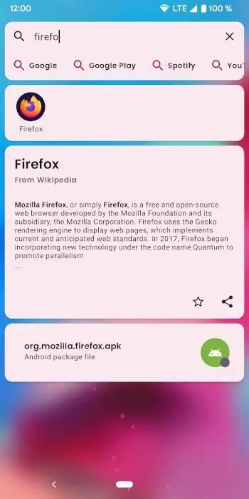 Kvaesitso search returning an installed app, web results and a local APK for one query