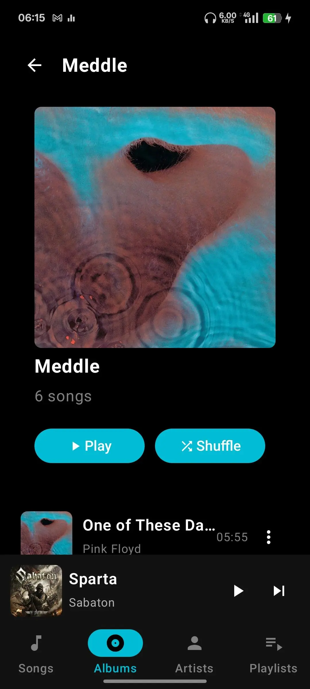 Local Player album detail with Play and Shuffle buttons above the track list